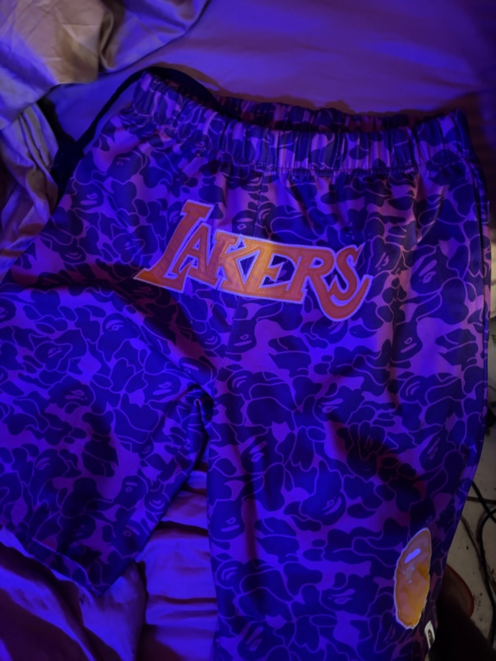 Lakers Camo Basketball Shorts in Purple and Gold bape-mitchell and ness